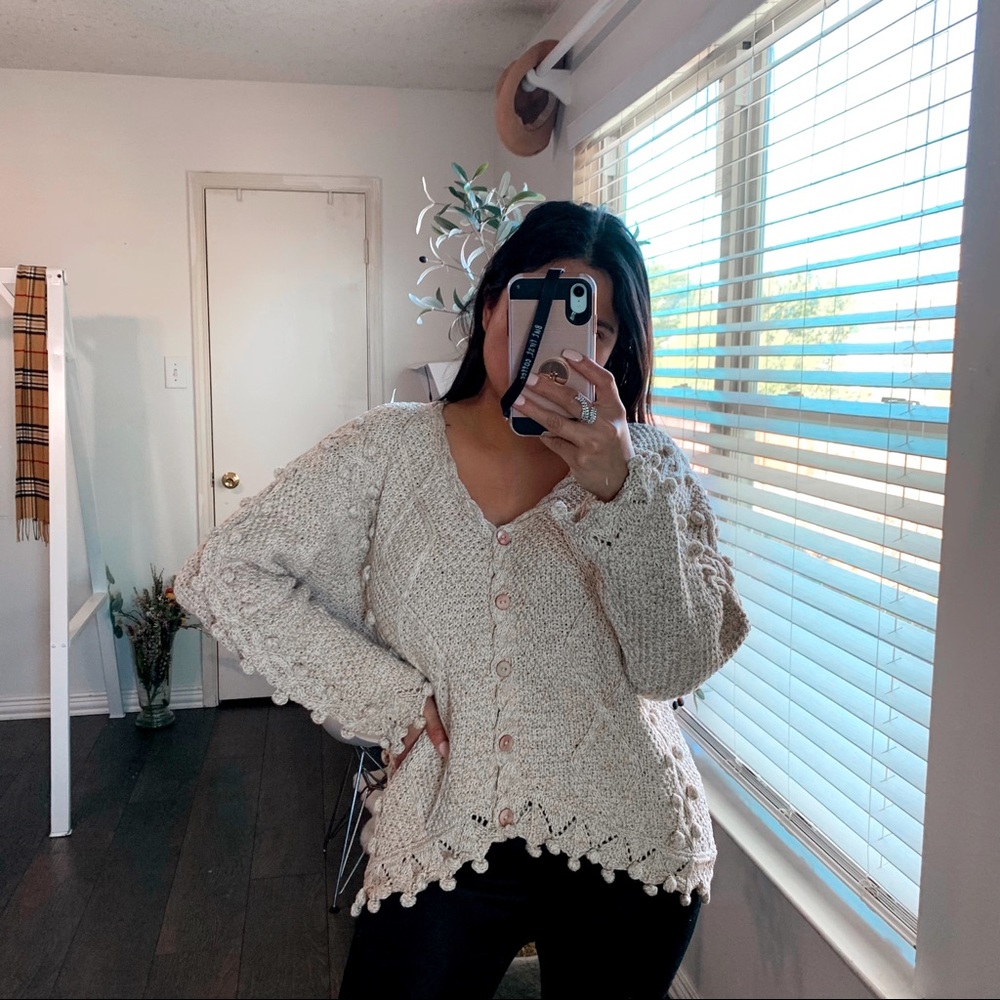 Knitted By Hand Pom Pom Knit Chunky Cotton Sweater Button Up Asymmetric Boho - Picture 2 of 6